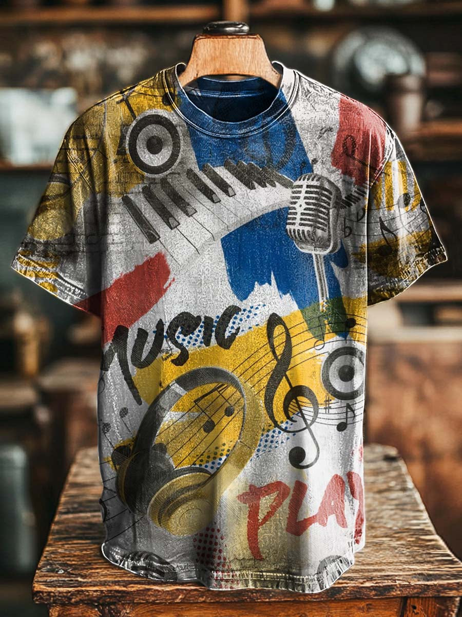 Retro Music Patchwork Print Casual Short-Sleeved T-Shirt