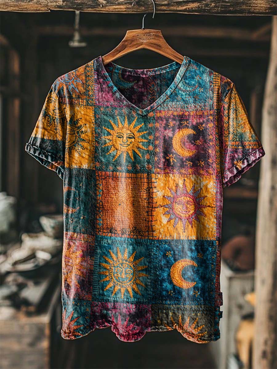 Retro Sun and Moon Patchwork Print Casual Short-Sleeve V-Neck T-Shirt