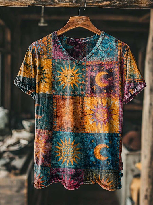 Retro Sun and Moon Patchwork Print Casual Short-Sleeve V-Neck T-Shirt