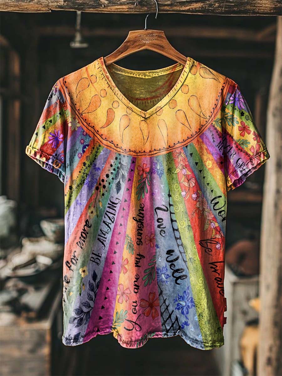 Rainbow Ray Text Print Casual Short-Sleeve V-Neck T-Shirt
