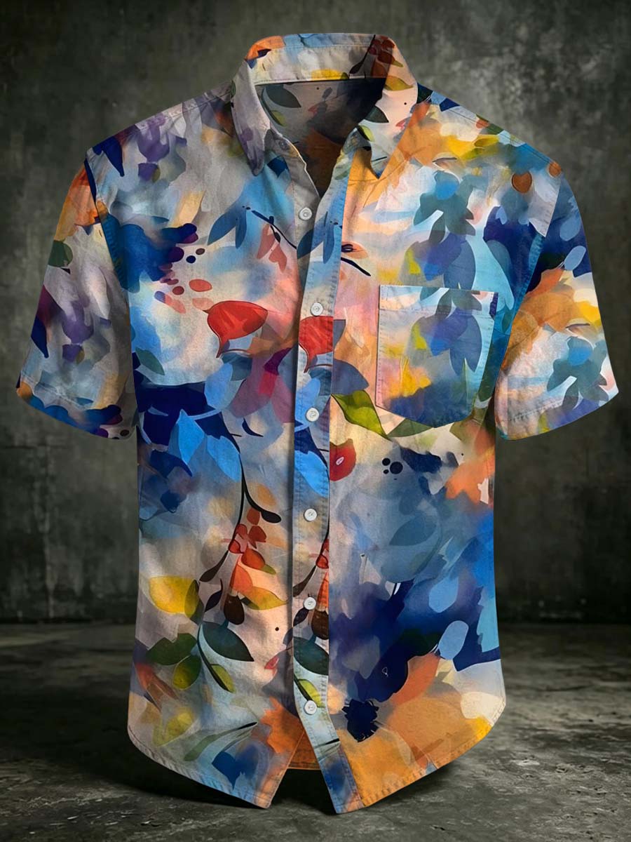 Abstract Watercolor Floral Print Casual Short-Sleeved Shirt