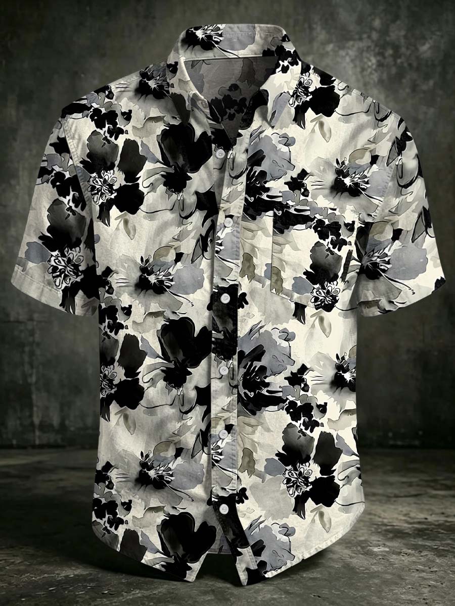 Ink Wash Floral Print Casual Short-Sleeved Shirt