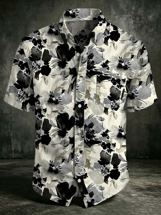 Ink Wash Floral Print Casual Short-Sleeved Shirt