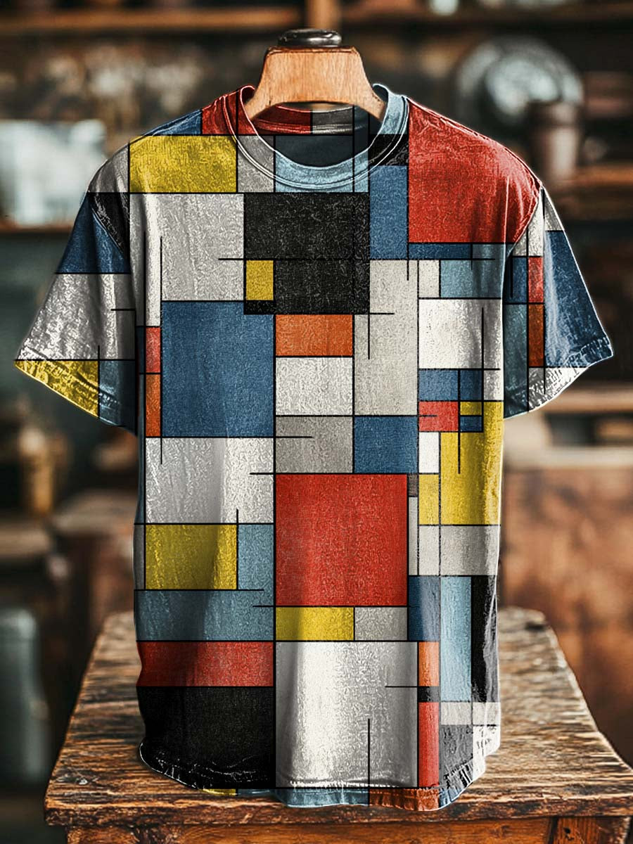 Retro Geometric Square Print Casual Short-Sleeved T-Shirt