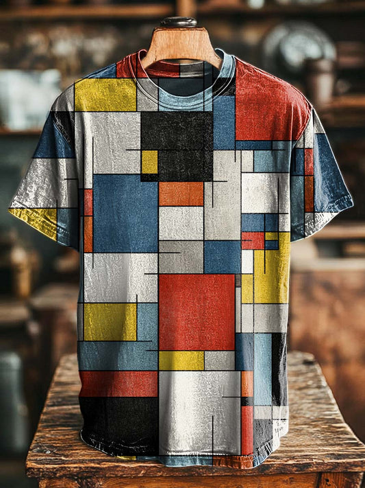 Retro Geometric Square Print Casual Short-Sleeved T-Shirt