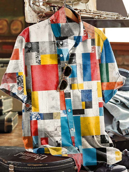 Mondrian Geometric Patchwork Print Casual Short-Sleeve Shirt