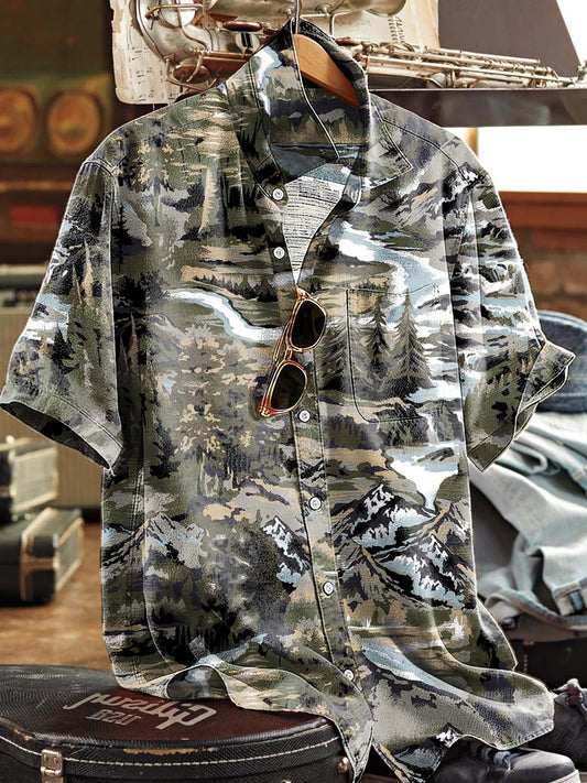 Camouflage Mountain Scene Print Casual Short-Sleeve Shirt