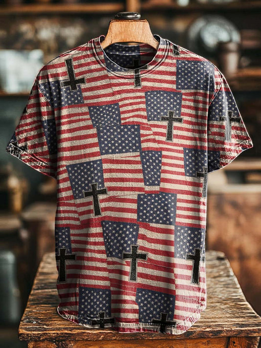 National Flag And Cross Patchwork Print Casual Short-Sleeved T-Shirt