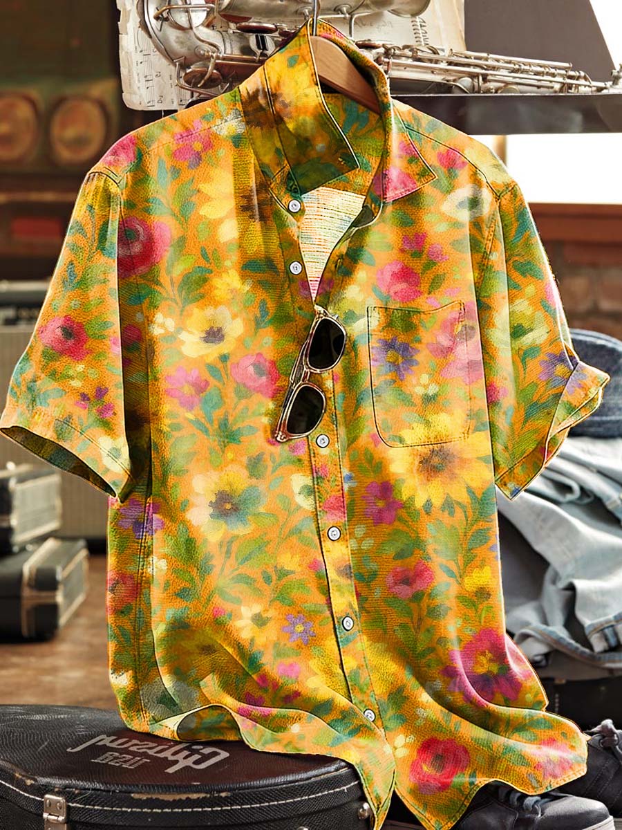 Retro Oil Painting Floral Print Casual Short-Sleeved Shirt