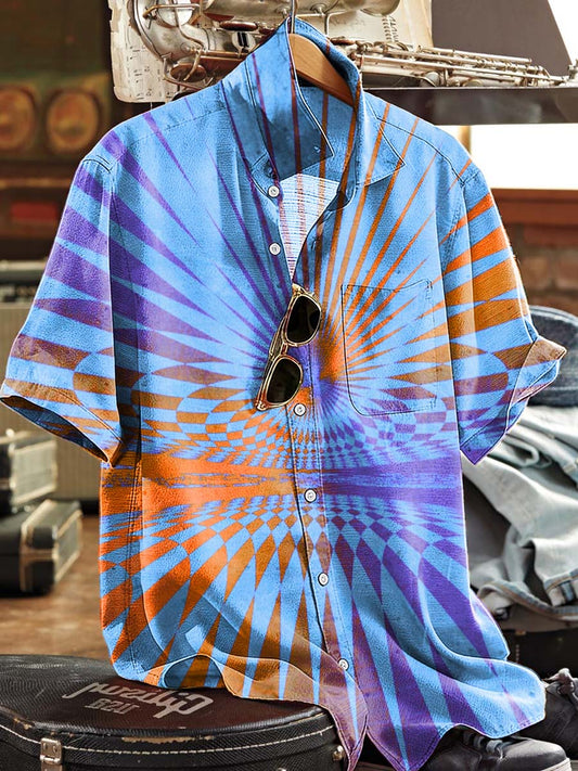 Psychedelic Radial Line Print Casual Short-Sleeve Shirt