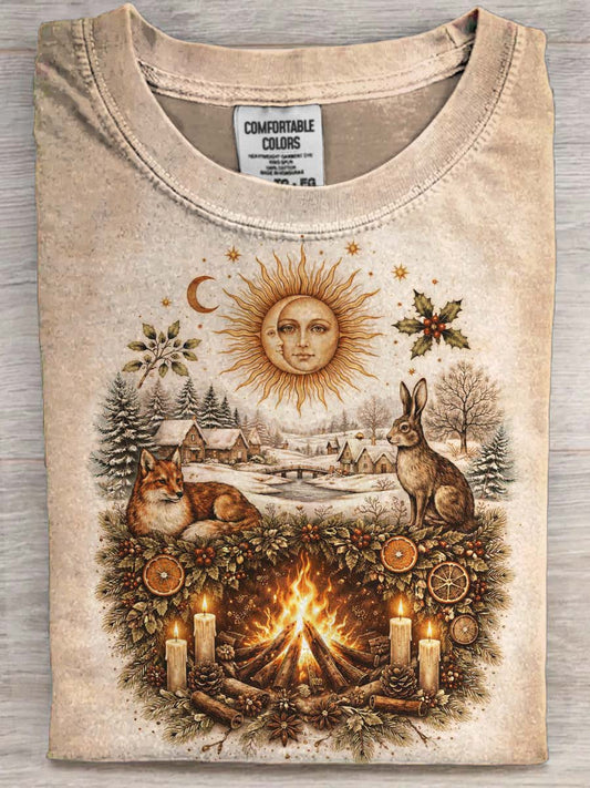 Nordic Forest Campfire Illustration Print Casual Short-Sleeved T-Shirt