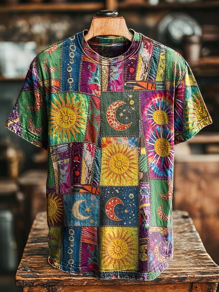 Sun And Moon Appliqué Patchwork Printed Casual Short-Sleeved T-Shirt