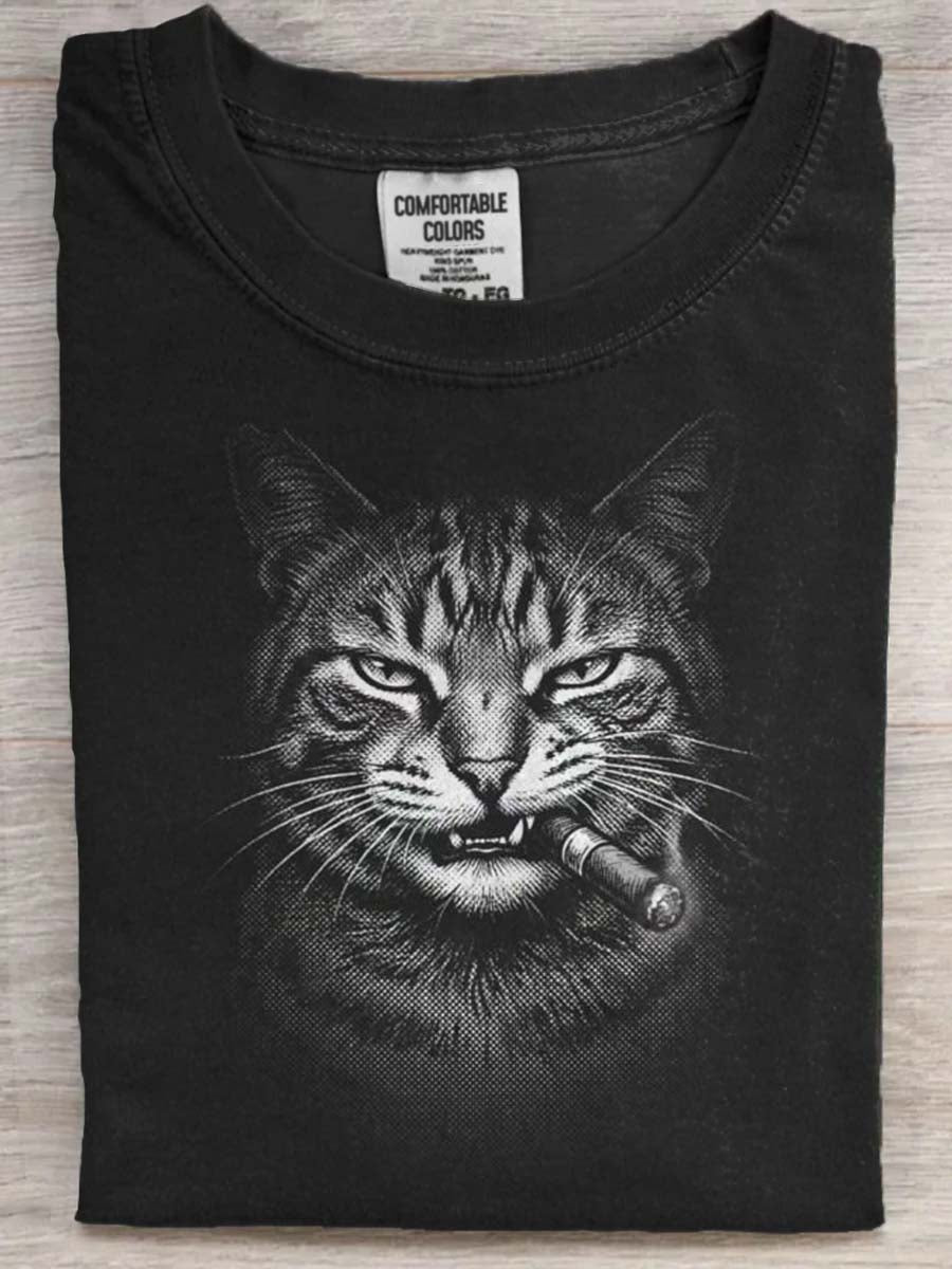 Retro-Style Printed Cat Smoking Casual Short-Sleeved T-Shirt