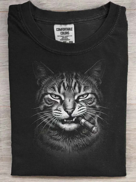 Retro-Style Printed Cat Smoking Casual Short-Sleeved T-Shirt