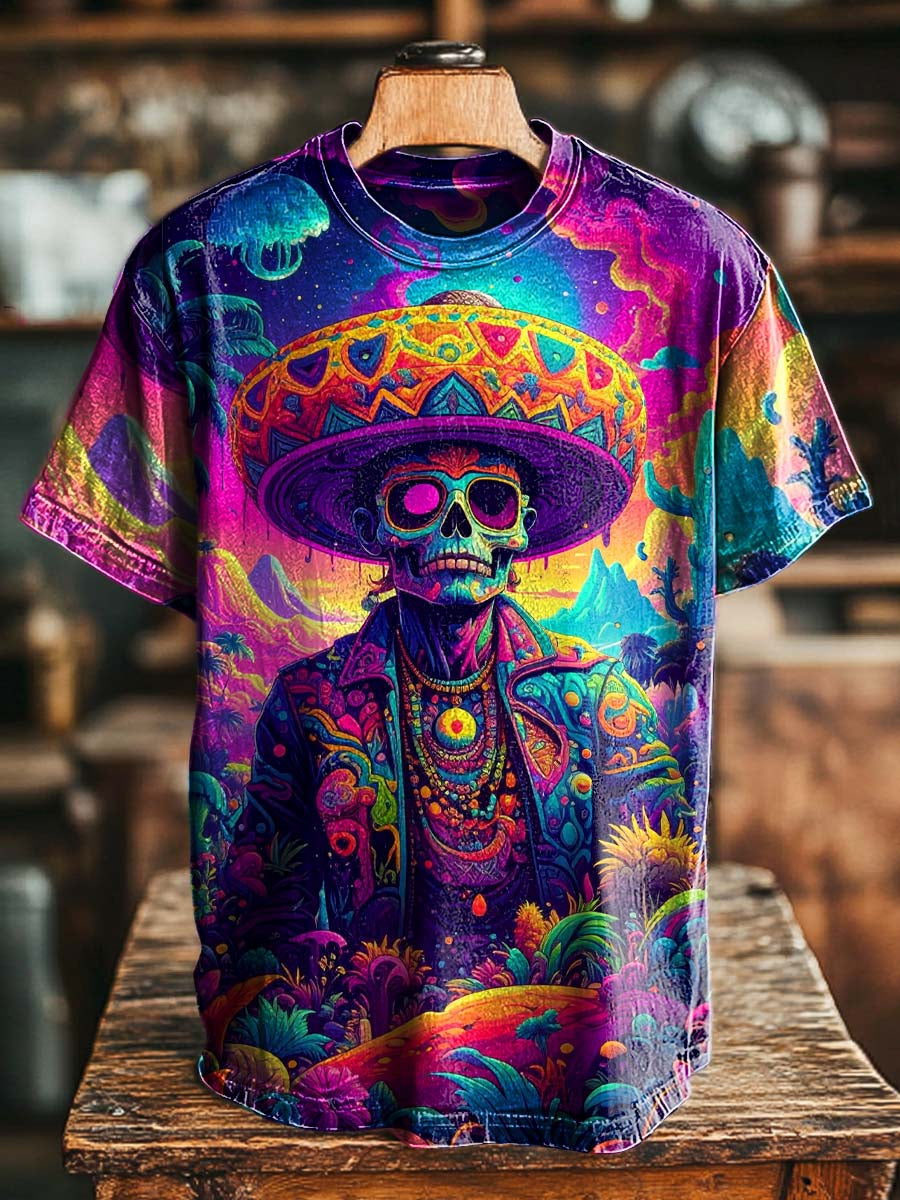 Psychedelic Skull Mexican Print Casual Short-Sleeve T-Shirt