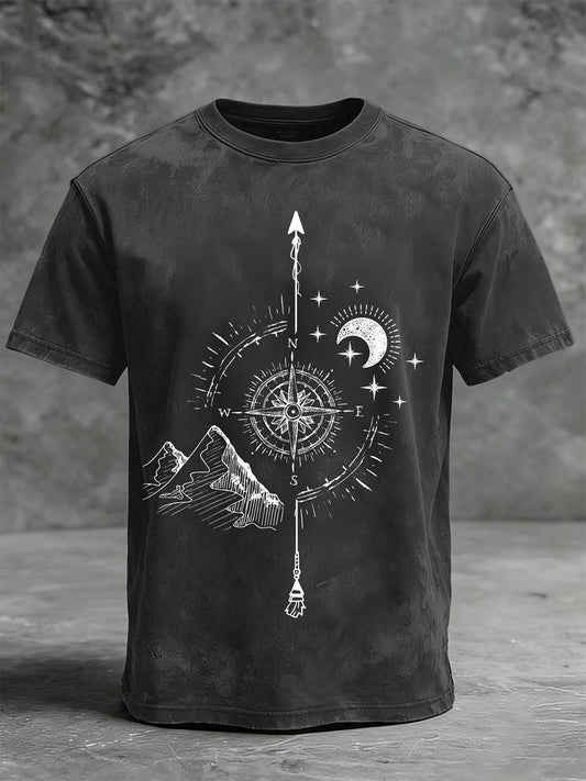 Compass Star Moon Mountain Range Printed Casual Short-Sleeve T-Shirt