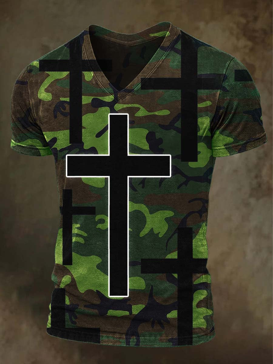 Camouflage Cross Print Casual Short-Sleeve T-Shirt