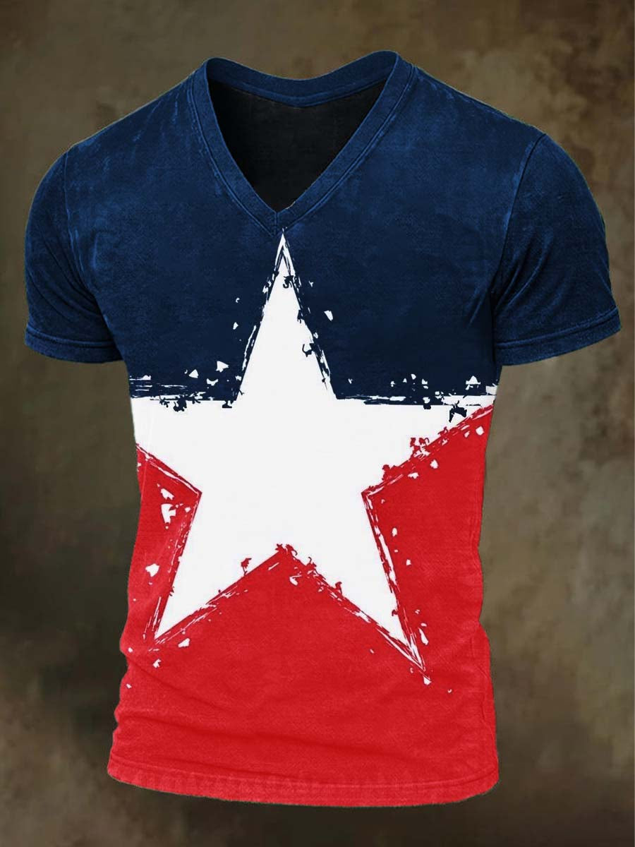 Blue And Star Color-Blocked Printed Casual Short-Sleeved T-Shirt