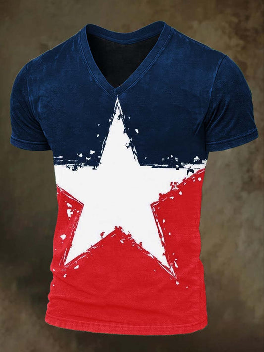 Blue And Star Color-Blocked Printed Casual Short-Sleeved T-Shirt