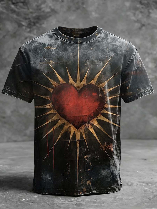 Retro Sacred Heart Print Casual Short-Sleeve T-Shirt
