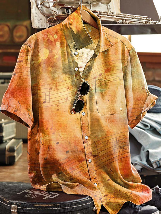 Retro Musical Note Distressed Print Casual Short-Sleeved Shirt