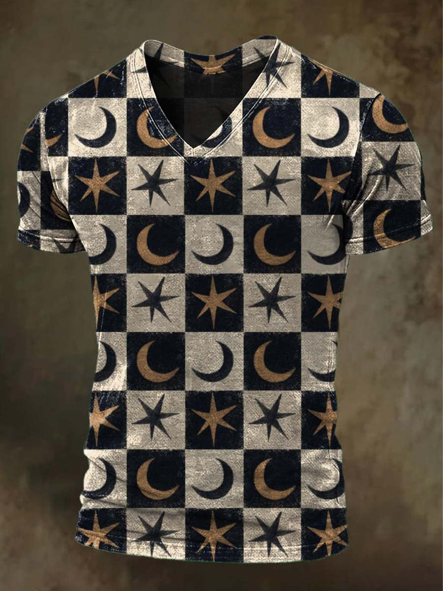 Star and Moon Checkerboard Print Casual Short-Sleeve T-Shirt