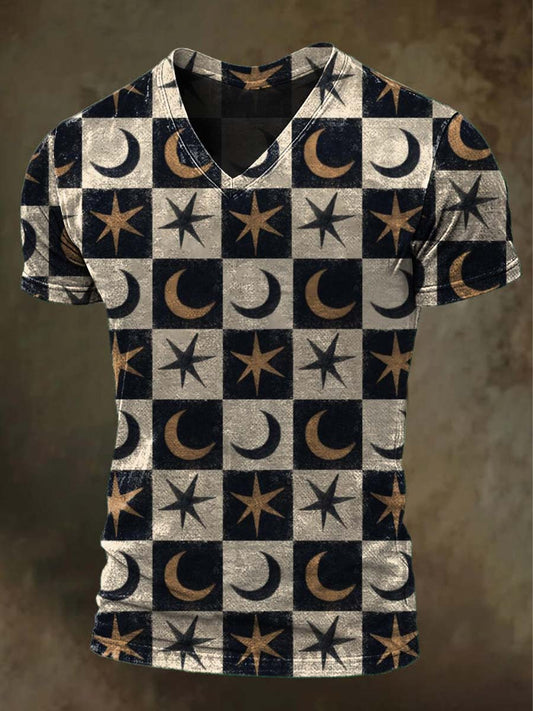 Star and Moon Checkerboard Print Casual Short-Sleeve T-Shirt