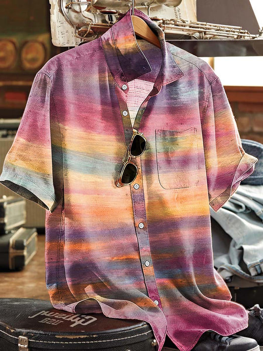 Gradient Watercolor Striped Print Casual Short-Sleeve Shirt