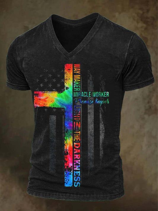 Rainbow Cross American Flag Print Casual Short-Sleeve T-Shirt