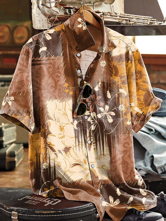 Brown-Toned Retro Floral Print Casual Short-Sleeved Shirt