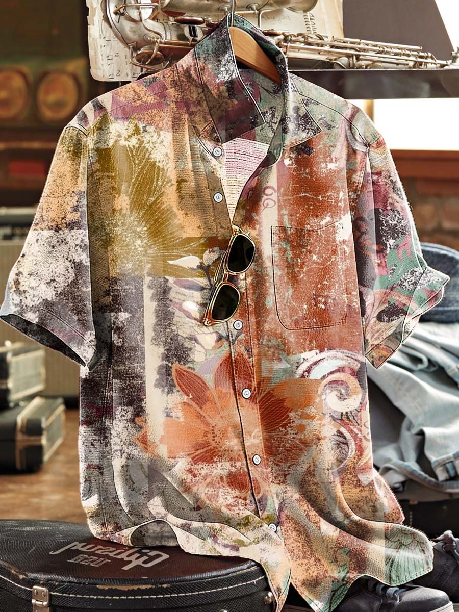 Vintage Distressed Floral Print Casual Short-Sleeved Shirt