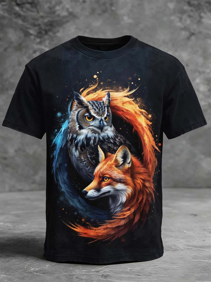 Fox and Owl Tai Chi Print Casual Short-Sleeve T-Shirt
