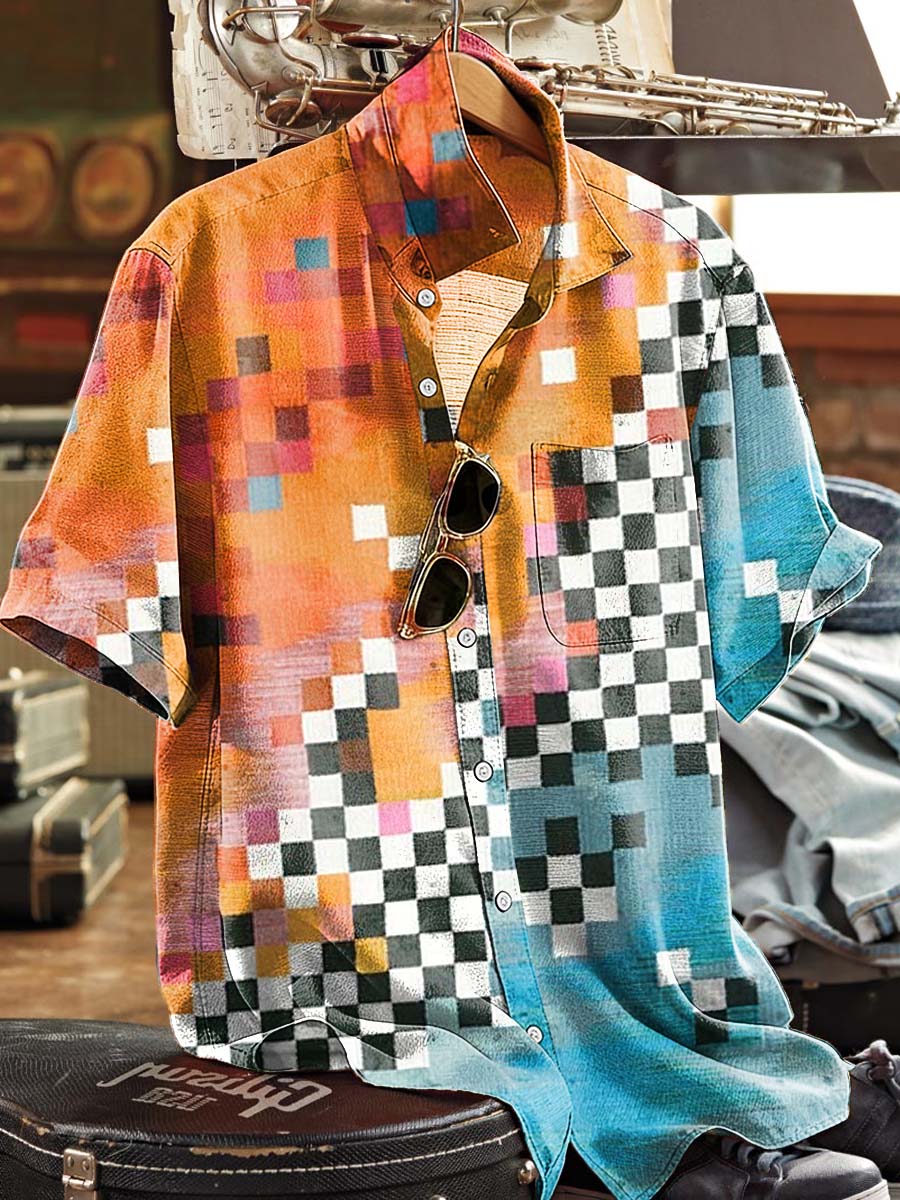 Gradient Checkerboard Print Casual Short-Sleeved Shirt