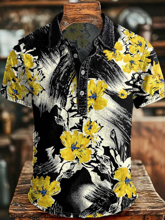 Floral Brush Print Casual Short-Sleeved Polo Shirt