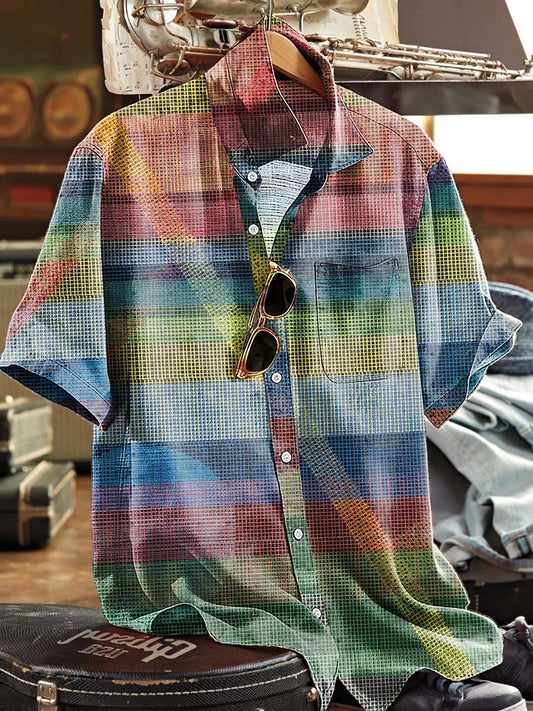 Rainbow Plaid Print Casual Short-Sleeved Shirt