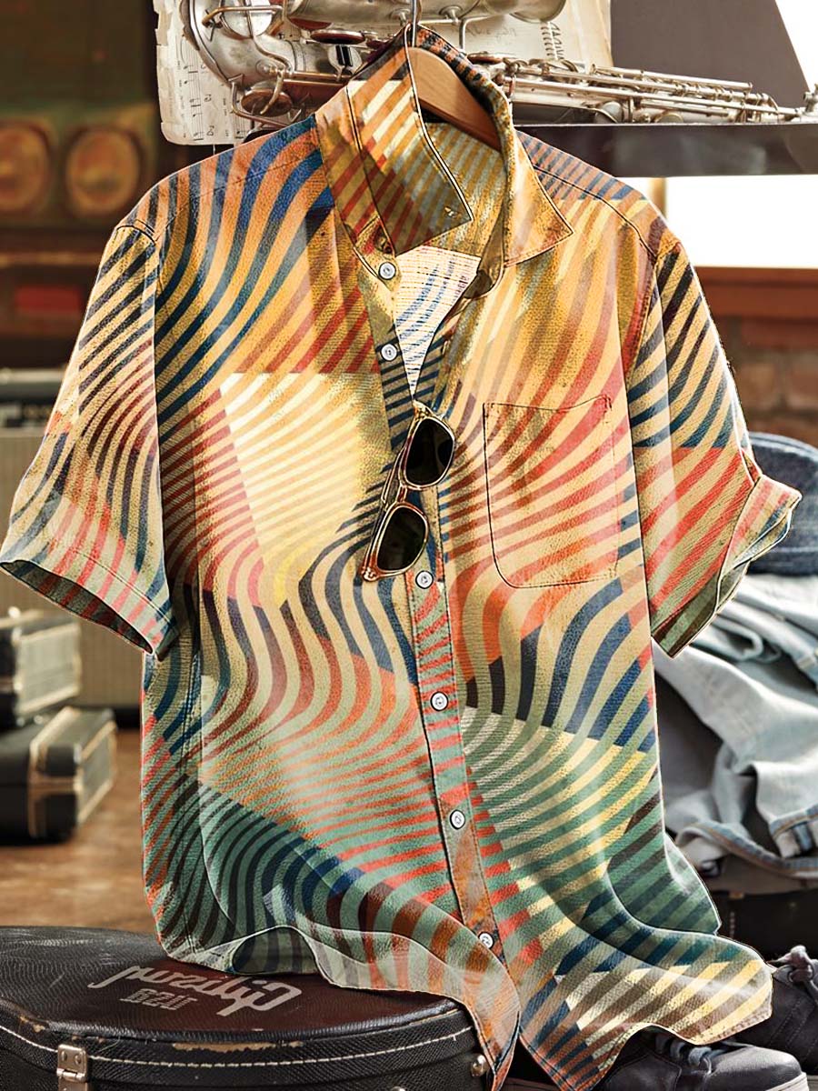 Retro Striped Optical Illusion Printed Casual Short-Sleeved Shirt