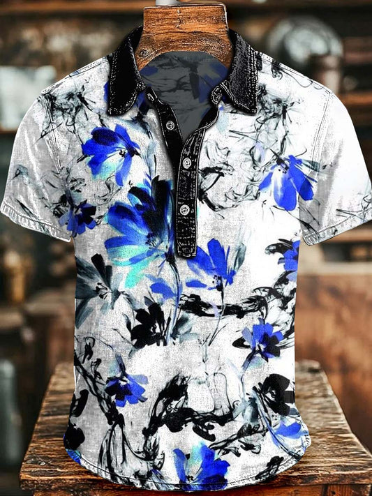 Ink-Wash Blue Floral Print Casual Short-Sleeved Polo Shirt