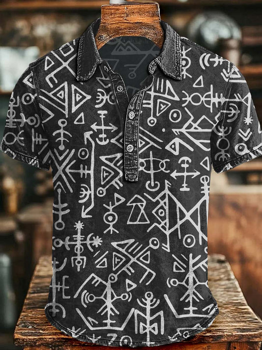 Tribal Rune Distressed Print Casual Short-Sleeve Polo Shirt