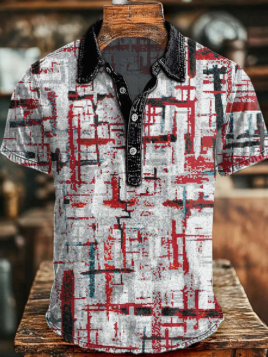 Pixel-Glitch Style Printed Casual Short-Sleeve Polo Shirt