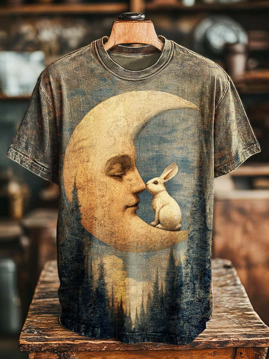 Moon and Rabbit Print Casual Short-Sleeve T-Shirt