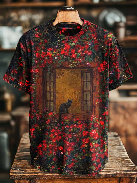 Black Cat and Rose Garden Printed Casual Short-Sleeve T-Shirt