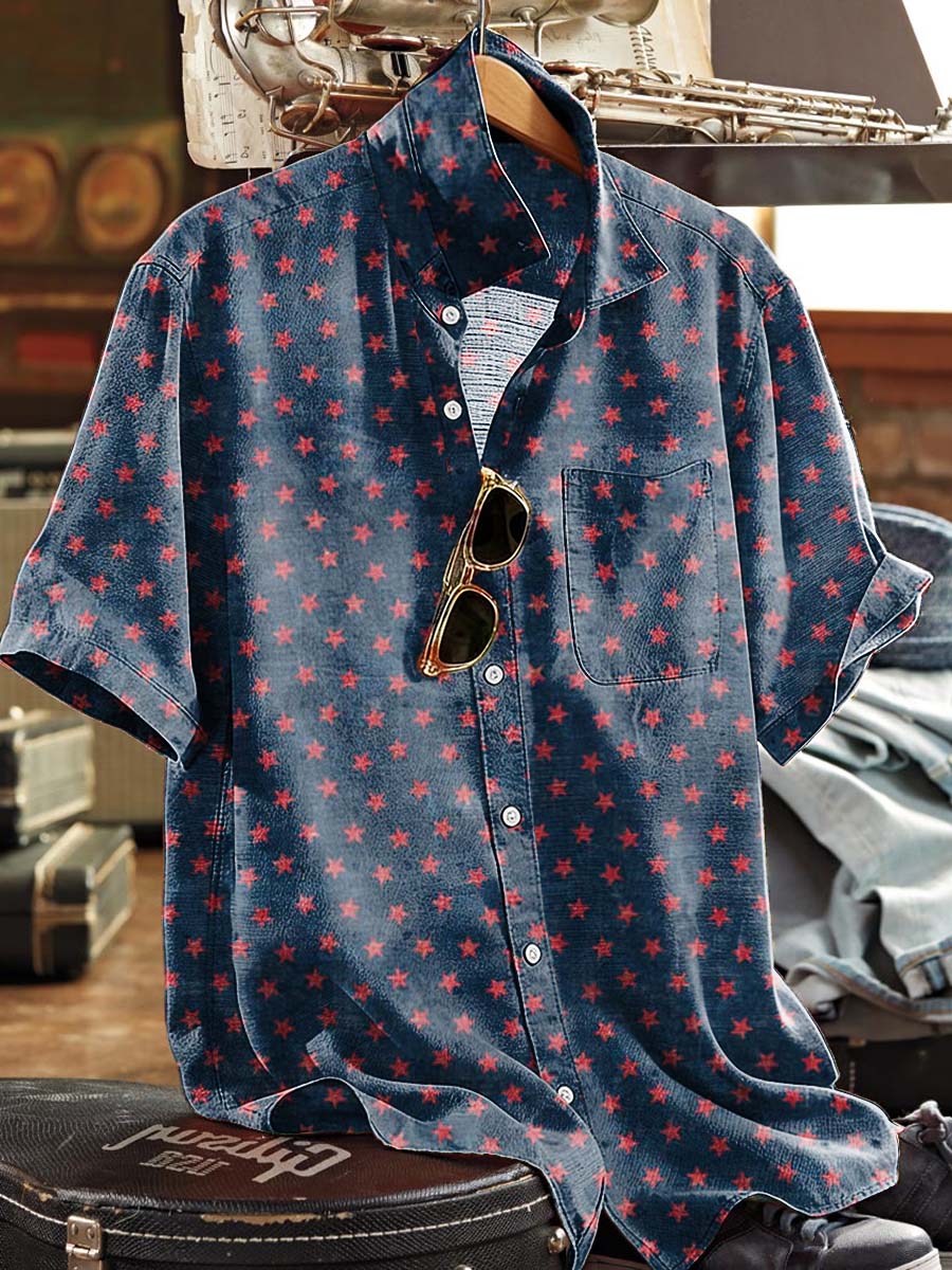 Red Five-Pointed Star Print Casual Short-Sleeved Shirt