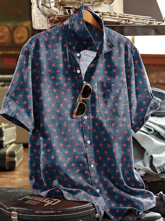Red Five-Pointed Star Print Casual Short-Sleeved Shirt