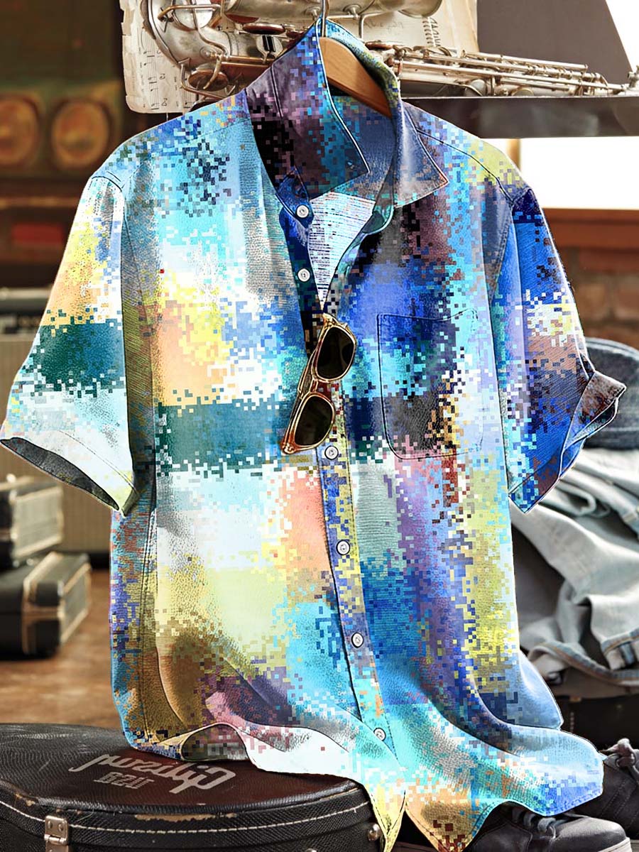 Pixel-Style Gradient Print Casual Short-Sleeved Shirt