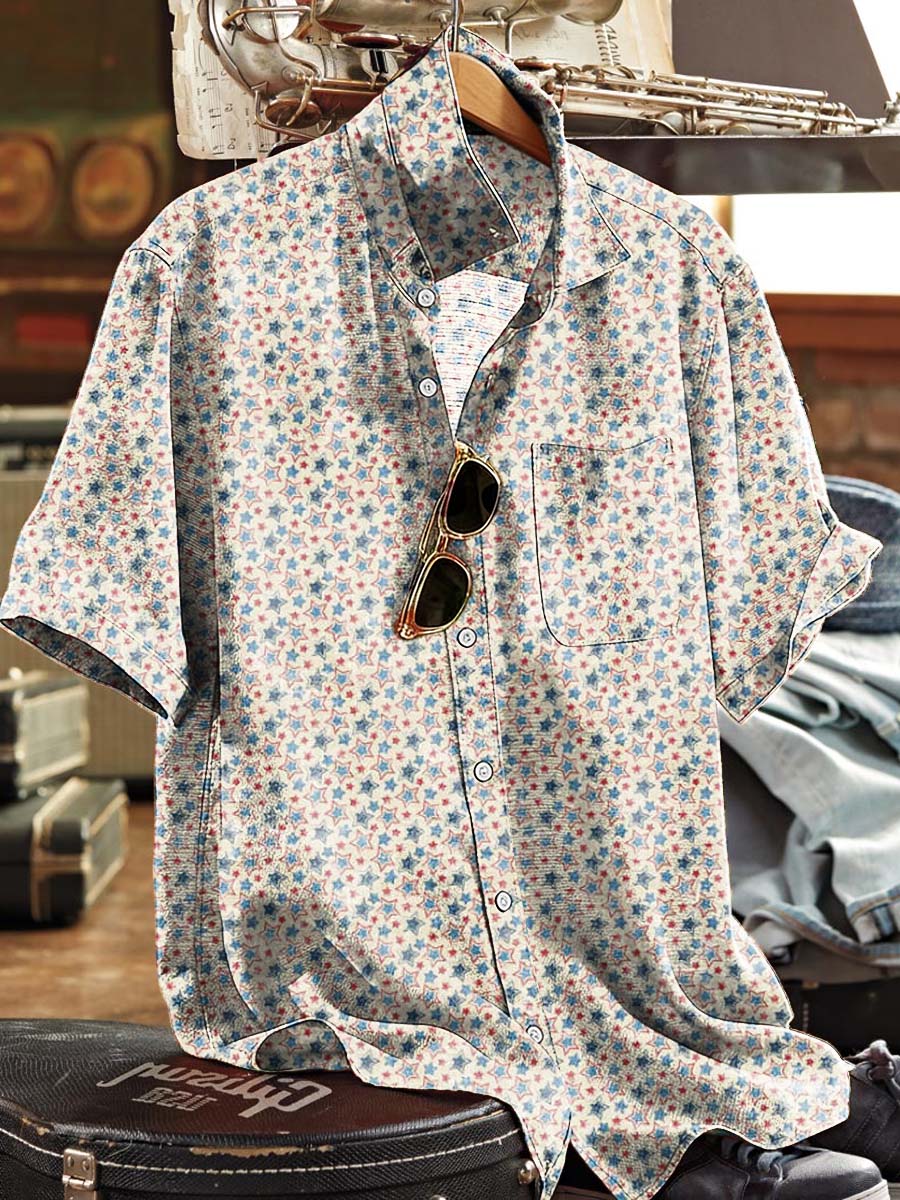 Beige Base With Red And Blue Star Print Casual Short-Sleeved Shirt