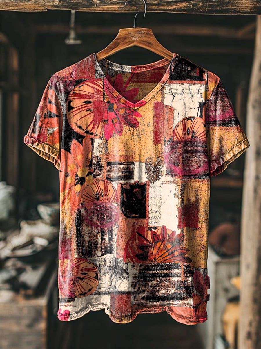 Collage Floral Distressed Print Casual Short-Sleeved T-Shirt