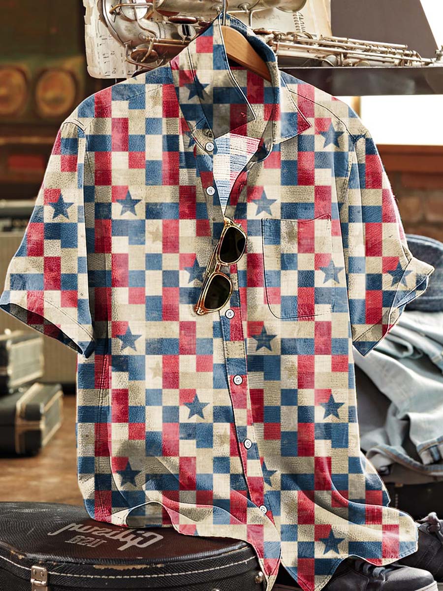 Plaid Star Print Casual Short-Sleeve Shirt