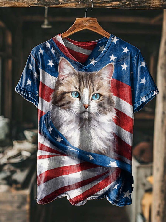 American Flag Cat Print Casual Short-Sleeved T-Shirt