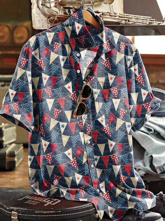 Red And Blue Triangular Flag Print Casual Short-Sleeved Shirt