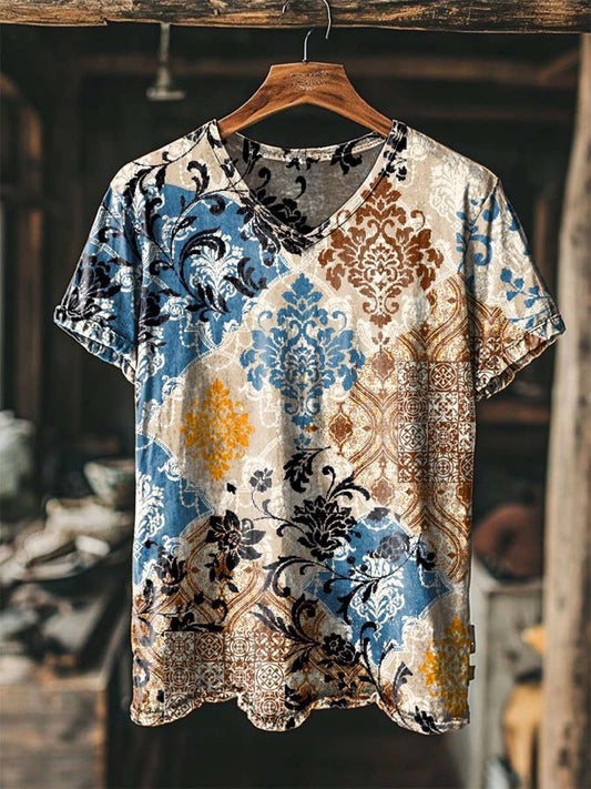 Baroque Color-Blocked Pattern Print Casual Short-Sleeved T-Shirt